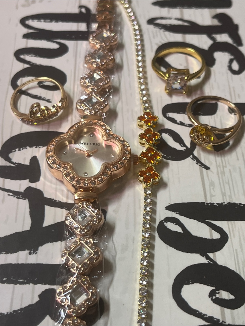 Rose Gold Floral Crystal Bracelet /Watch set - Rose Gold